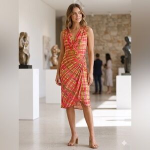 Josie Natori Sleeveless Pink Plaid Wrap Dress